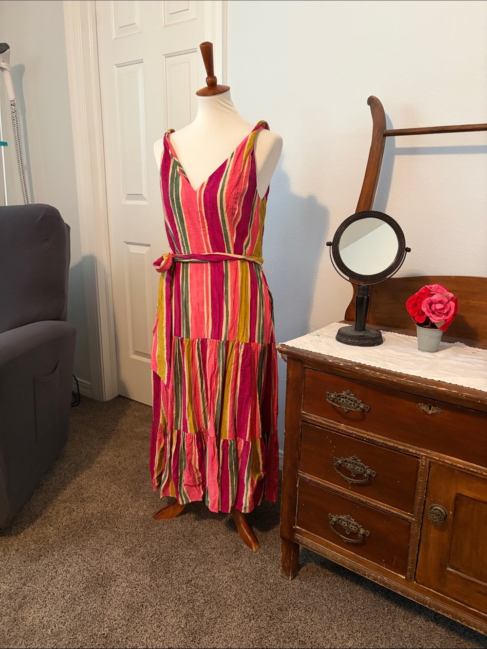 Taylor Pink Multi-Stripe V-Neck Tie-Waist Maxi Dress